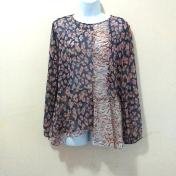 LOGO by Lori Goldstein floral Blouse sheer Patchwork Ruffles Blue women S boho - Picture 2 of 11